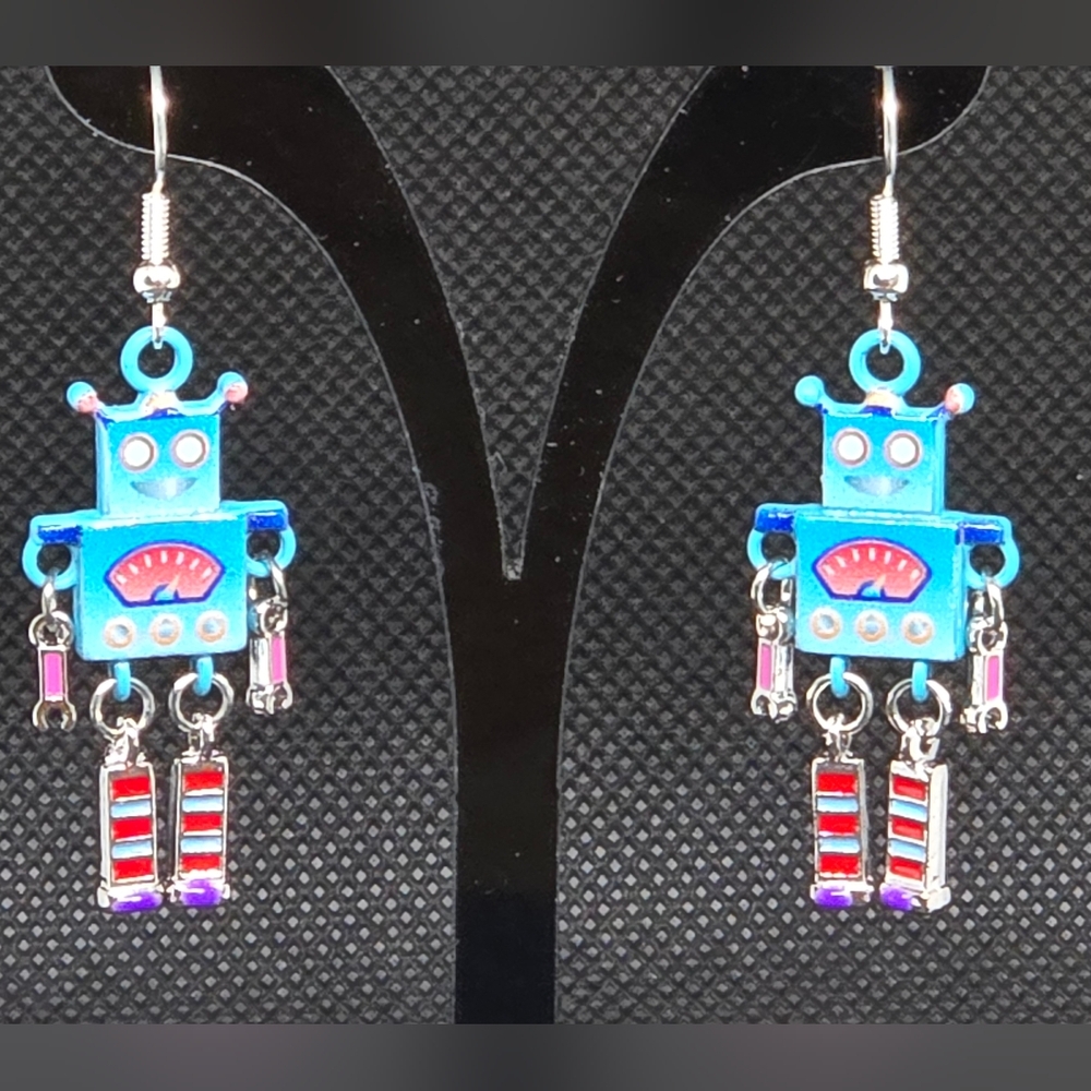 Blue robot earrings